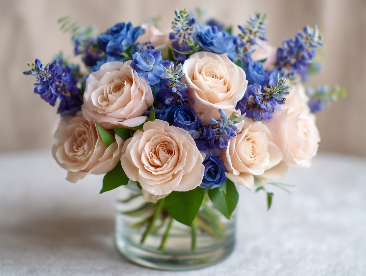 roses and blue rununculus and dark blue delphinium arrangement in clear pot